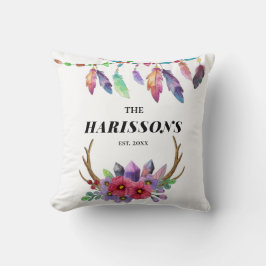 ボホカラフル羽と花カスタム科 クッション