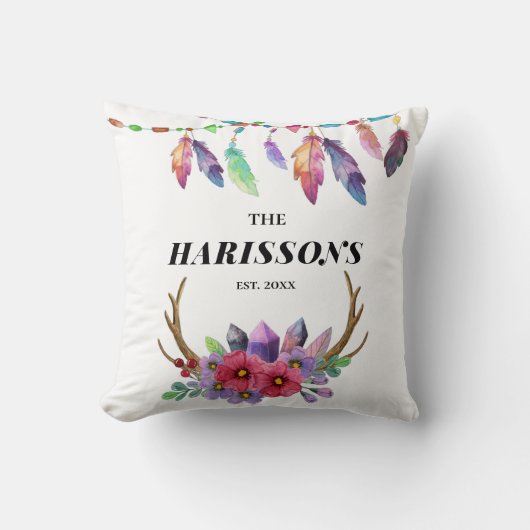 ボホカラフル羽と花カスタム科 クッション (正面)