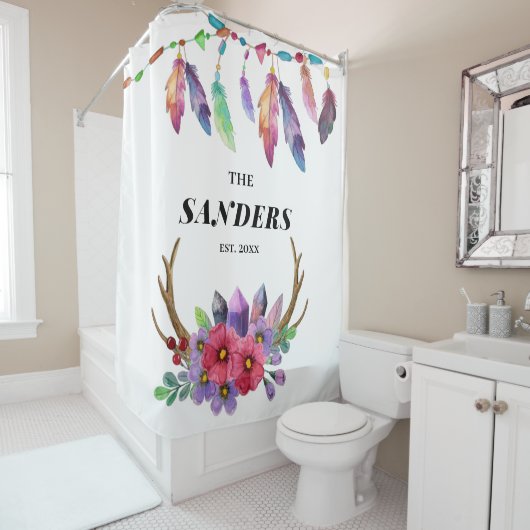 ボホカラフル羽と花カスタム科 シャワーカーテン (インサイチュ)