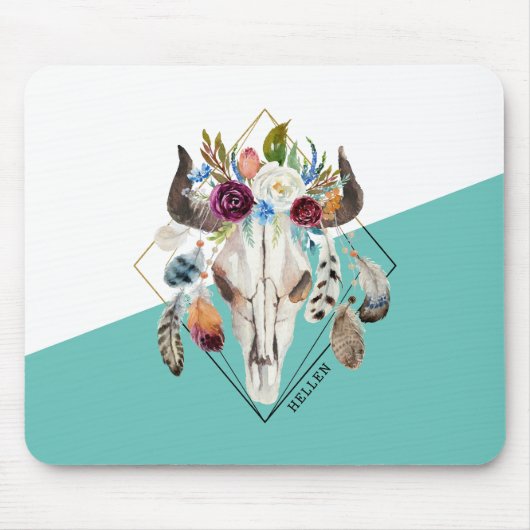 ボホカラフル花ジオメトリックブルスカル マウスパッド (正面)