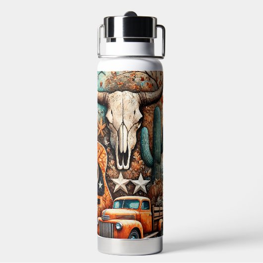 ボホカントリーウエスタンギター女性のカーボーイ ウォーターボトル (背面)