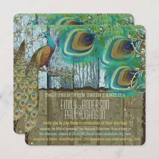 ボホカントリー素朴ピーコックヴィンテージオールドバーンウッド 招待状 (正面/裏面)