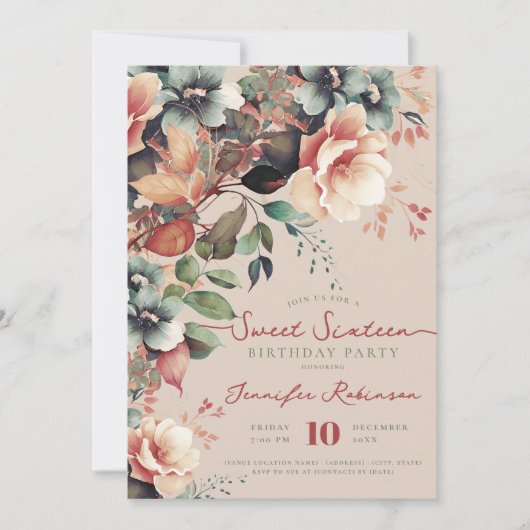 ボホガーデンフローラスウィート16誕生日シャンパン 招待状 (正面)
