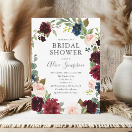 ボホガーデンブルガンディブルーフローラブライダルシャワー 招待状