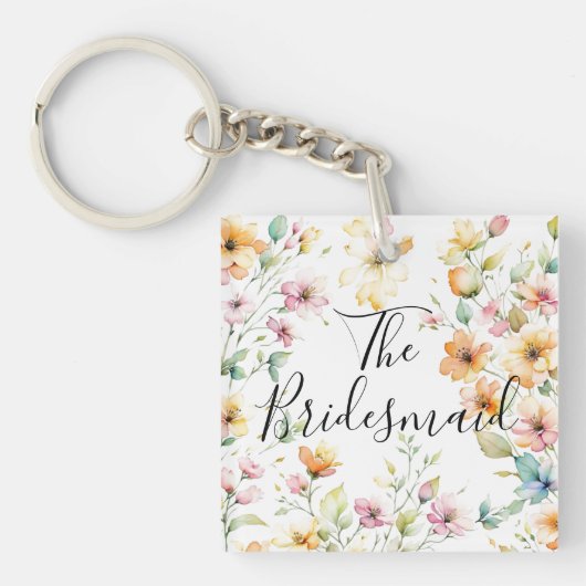 ボホガーリーオレンジピンク水彩ワイルドフラワー キーホルダー (正面)