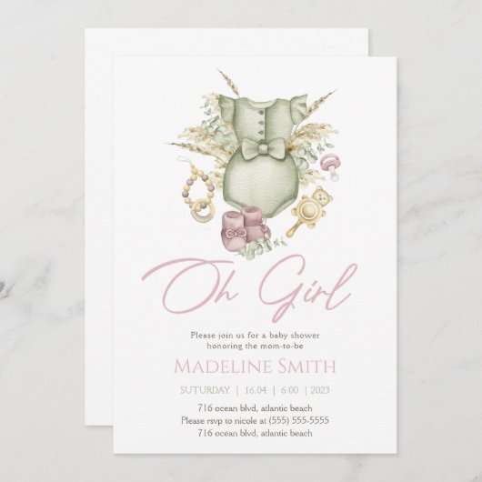 ボホガールドレスベビーシャワー招待状カード 招待状 (正面/裏面)