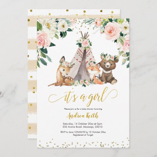 ボホガールフローラウッドランドベビーシャワー招待状 招待状 (正面/裏面)