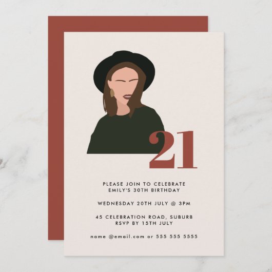 ボホガールミニマリストテラコッタ21歳の誕生日 招待状 (正面/裏面)