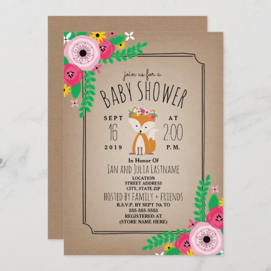 ボホキツネカードストック内蔵ストライプベビーシャワー 招待状 (正面/裏面)