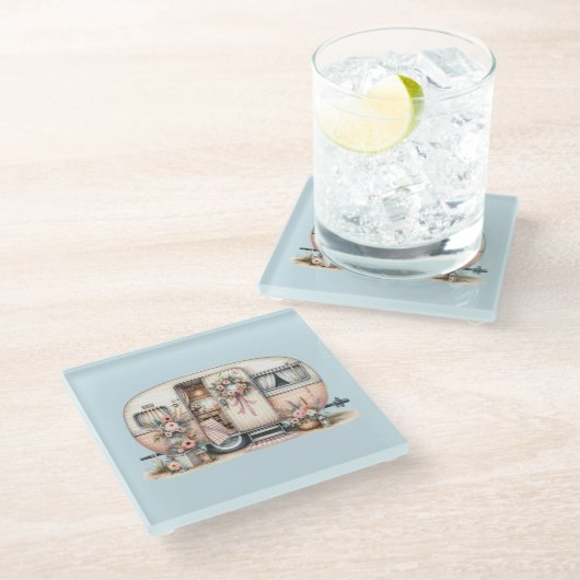 ボホキャンパーとフローラリース&パステルズピンク ガラスコースター (アングル)