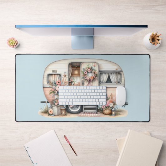 ボホキャンパーとフローラリース&パステルズピンク デスクマット (オフィス1)