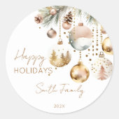 ボホクリスマスホリデー雪の松の金ゴールド ラウンドシール (正面)
