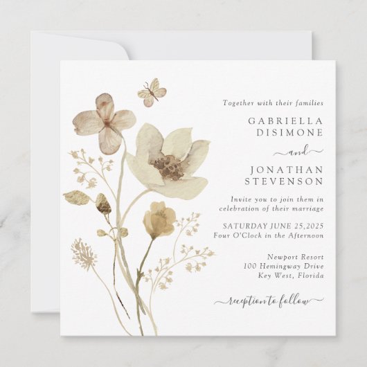 ボホクリームウォーターカラーワイルドフラワーフォト結婚ズ 招待状 (正面)