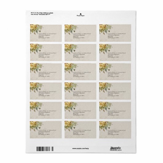 ボホクリームダマスクと黄色結婚の花 ラベル (フルシート)