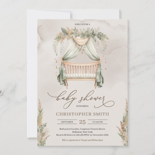 ボホグリーンとブラウンパンパスグラスベビークリブ 招待状 (正面)