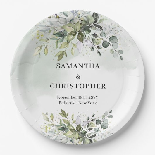 ボホグリーンと金ゴールドユーカリの葉シック ペーパープレート (正面)