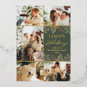 ボホグリーンゴールドフォイル5フォトハッピーホリデーズカード 箔招待状 (正面)