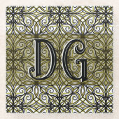 ボホグリーンパターン(の模様が)ある ガラスコースター (正面)