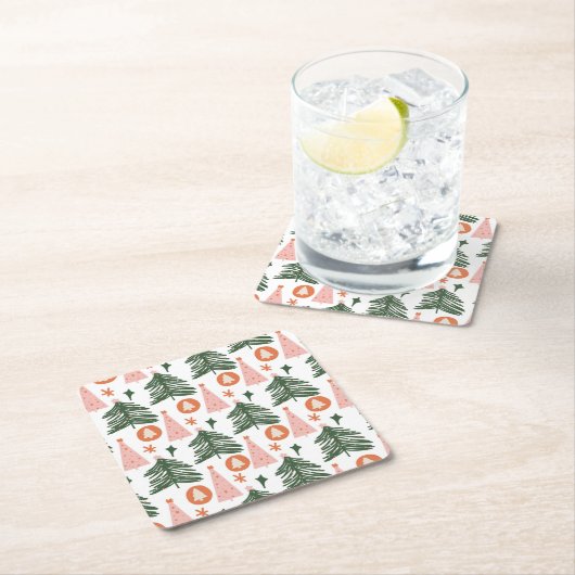 ボホグリーンピンクオレンジクリスマスツリー スクエアペーパーコースター (インサイチュ)