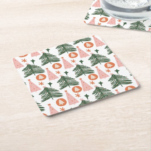 ボホグリーンピンクオレンジクリスマスツリー スクエアペーパーコースター (アングル)