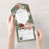 ボホグリーンブルゴーニュ秋フローラQRコード オールインワン招待状 (貼ってはがせる)