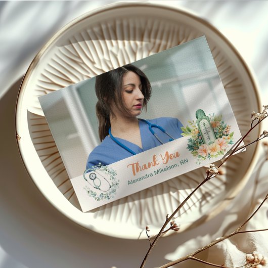 ボホグリーン写真水彩看護学校卒業生 サンキューカード