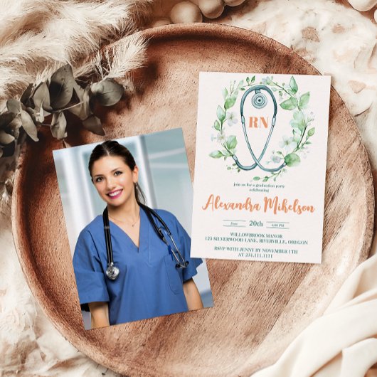 ボホグリーン写真水彩看護学校卒業生 招待状