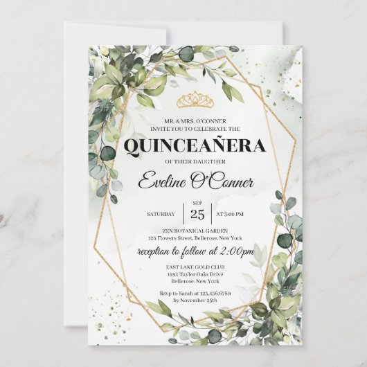 ボホグリーンeucalyptus金ゴールドフレーム王冠 招待状 (正面)