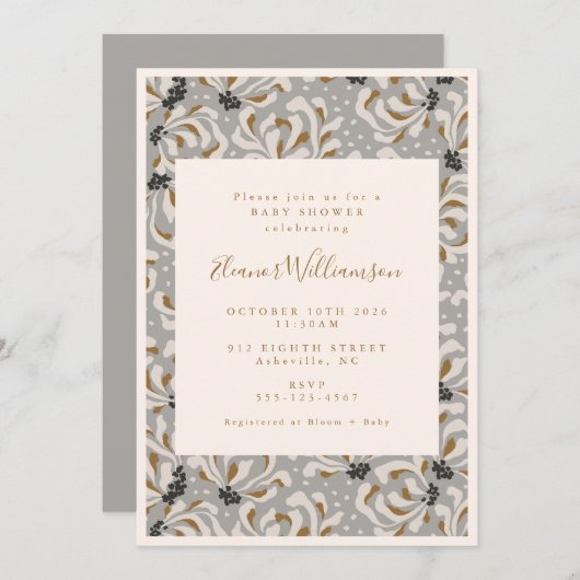 ボホグレイ金ゴールドフローラ植物性ベビーシャワー 招待状 (正面/裏面)