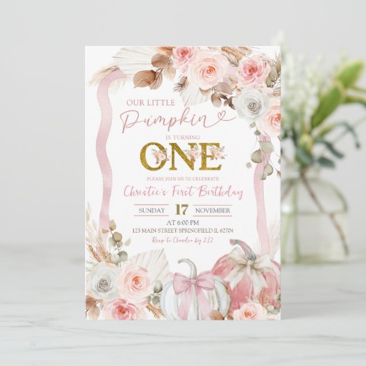 ボホコケットピンクパンプキン1st誕生日 招待状 (スタンド正面)