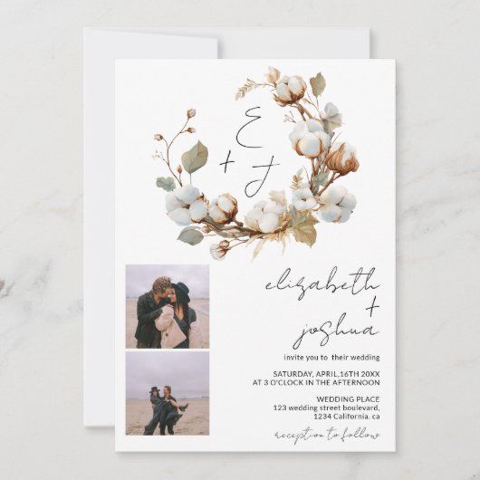 ボホコットンリースフォト素朴イニシャル結婚ズ 招待状 (正面)