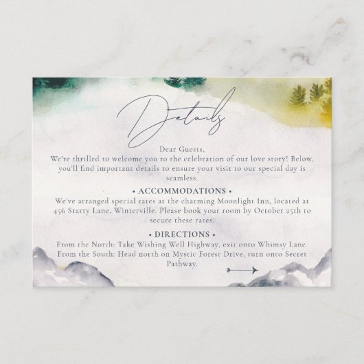 ボホコロラド山の目的地の結婚式の詳細 エンクロージャーカード (正面)