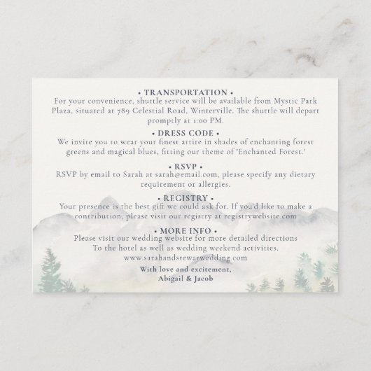 ボホコロラド山の目的地の結婚式の詳細 エンクロージャーカード (裏面)