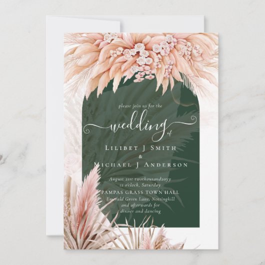 ボホコーラルパンパスグラスグリーン結婚ズ 招待状 (正面)