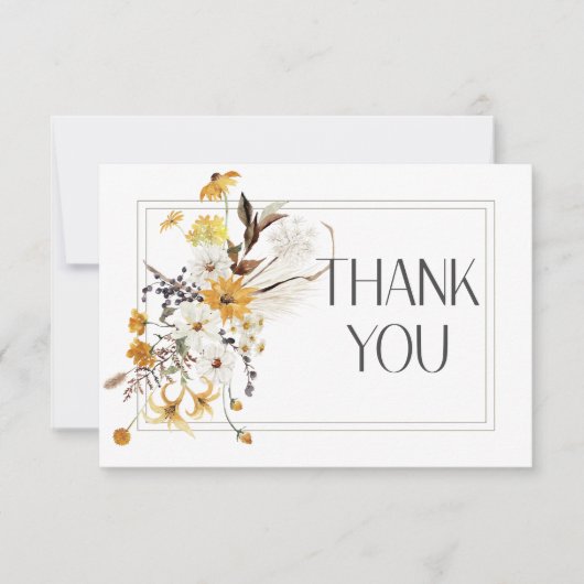 ボホゴールデンイエローメドウフラワーズホワイト結婚ズ サンキューカード (正面)