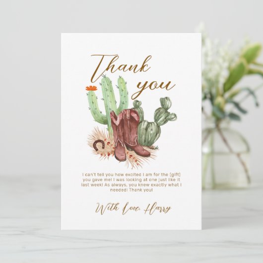 ボホサクモダンスカウボーイシューズ赤ちゃんシャワー サンキューカード (スタンド正面)