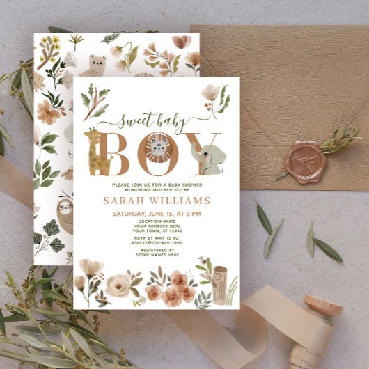 ボホサファリアニマルズスウィート男の赤ちゃんベビーシャワー 招待状