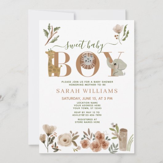 ボホサファリアニマルズスウィート男の赤ちゃんベビーシャワー 招待状 (正面)