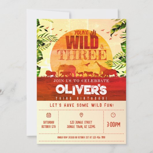 ボホサファリアニマルズヤングワイルドアンドスリー誕生日 招待状 (正面)