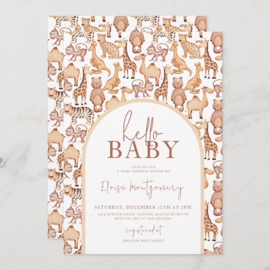 ボホサファリ動物アーチジャングルベビーシャワー 招待状 (正面/裏面)