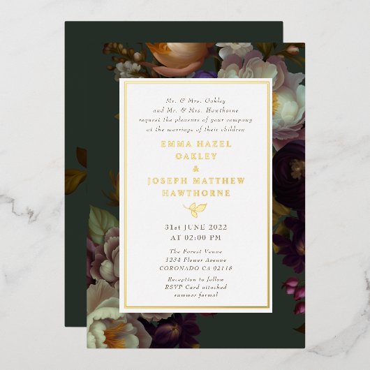 ボホサマーバラヴィンテージ結婚審美的 箔招待状 (正面/裏面)