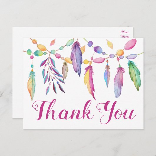 ボホサンキューフェザーパープルピンクインディアン結婚ズ ポストカード (正面/裏面)