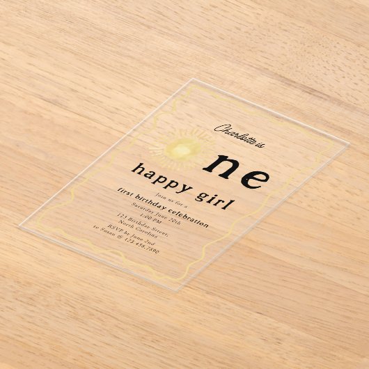 ボホサンシャインファースト誕生日ワンハッピーガールレトロ アクリル招待状 (レイダウン)