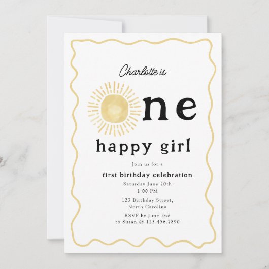 ボホサンシャインファースト誕生日ワンハッピーガールレトロ 招待状 (正面)