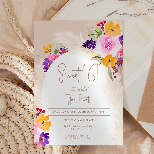 ボホサンドフローラパンパスデザートアーチスウィート16 招待状