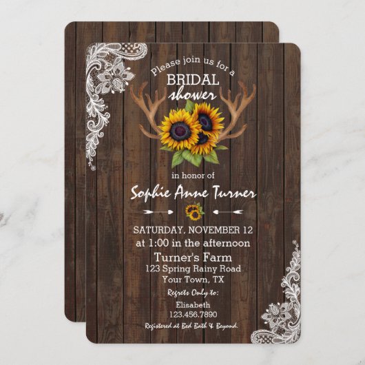 ボホサンフラワーズ〔雄ジカの〕枝角ウッドレースブライダルシャワー 招待状 (正面/裏面)