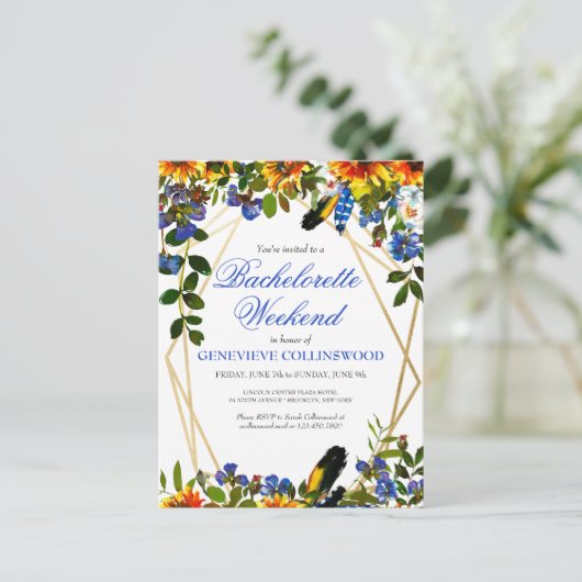 ボホサンフラワーブルーバチェロレッテ週末の日程 インビテーションポストカード (スタンド正面)