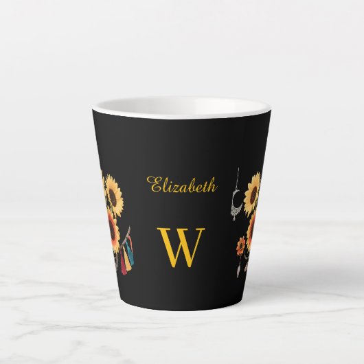 ボホサンフラワー名前をカスタムするフローラギフトブラック カフェラテマグ (正面)