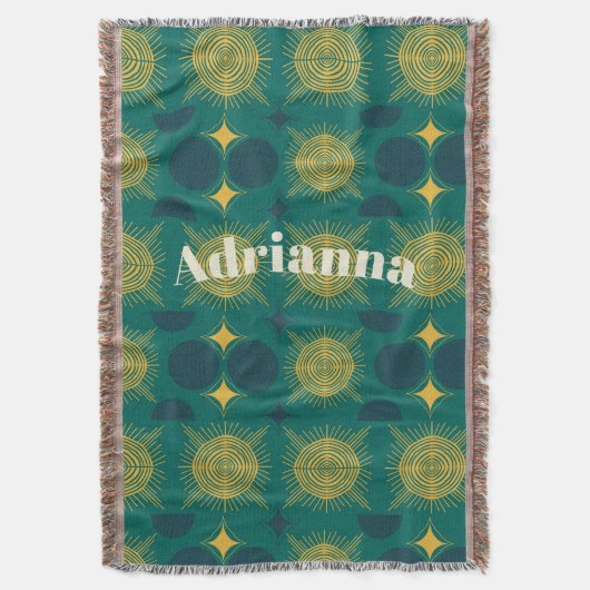 ボホサンムーンスターズベビーティール（緑がかった色）イエローパーソナライズされた スローブランケット (正面縦)