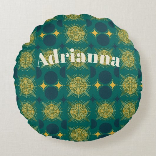 ボホサンムーンスターズベビーティール（緑がかった色）イエローパーソナライズされた ラウンドクッション (正面)